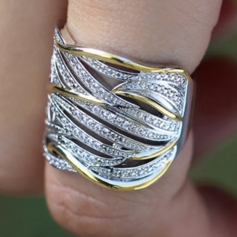 NEW TWO TONE 925 STERLING SILVER DIAMOND RING